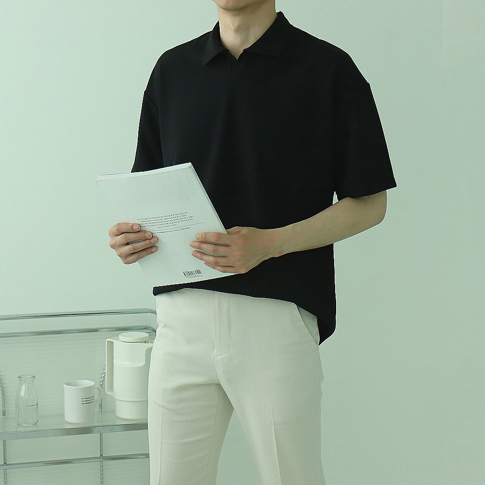 1+1 헨리넥반팔 구김없는 머슬핏 카라 반팔티 - 상세 이미지 4