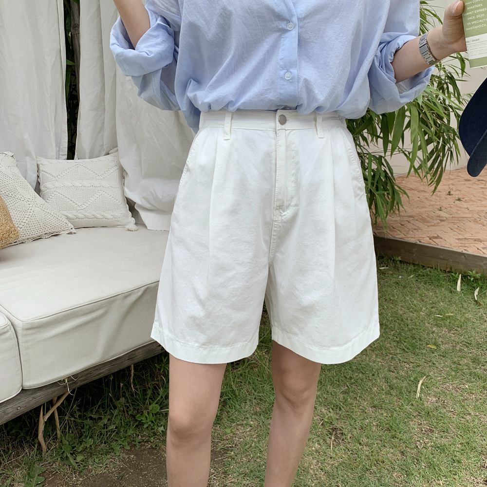 하이웨스트 여성 반바지 면 핀턱 5부 반바지 썸머 밴딩 바지 여자여름바지 하프 버뮤다팬츠
