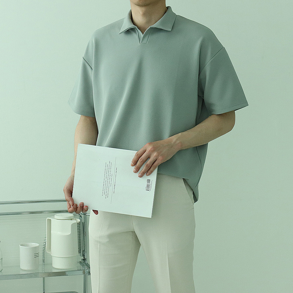 1+1 헨리넥반팔 구김없는 머슬핏 카라 반팔티 - 상세 이미지 3
