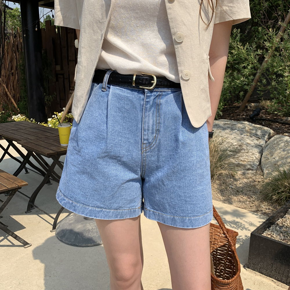 하이웨스트진 핀턱 여성여름청바지 얇은 여자 청 반바지 4부 세미와이드 데님팬츠 연청바지
