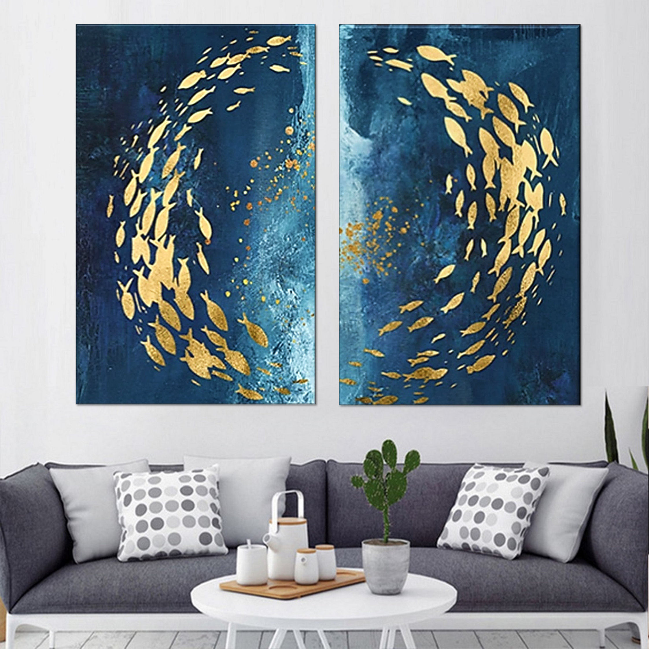 물고기 잉어 액자 60x90cm(2세트) 인테리어그림 거실 사무실 원을 그리는 물고기 떼