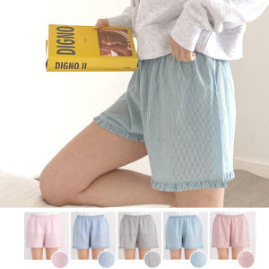 여성 여름 스트라이프 파자마 반 바지 여자 3부 잠옷 PJ프릴 베이지 착용 후기 | 사이즈/핏 총정리 - 상품 이미지 4