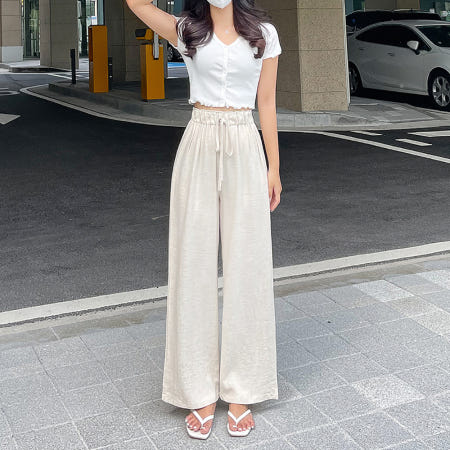 키작녀 바밤바 데일리 린넨 와이드 밴딩팬츠