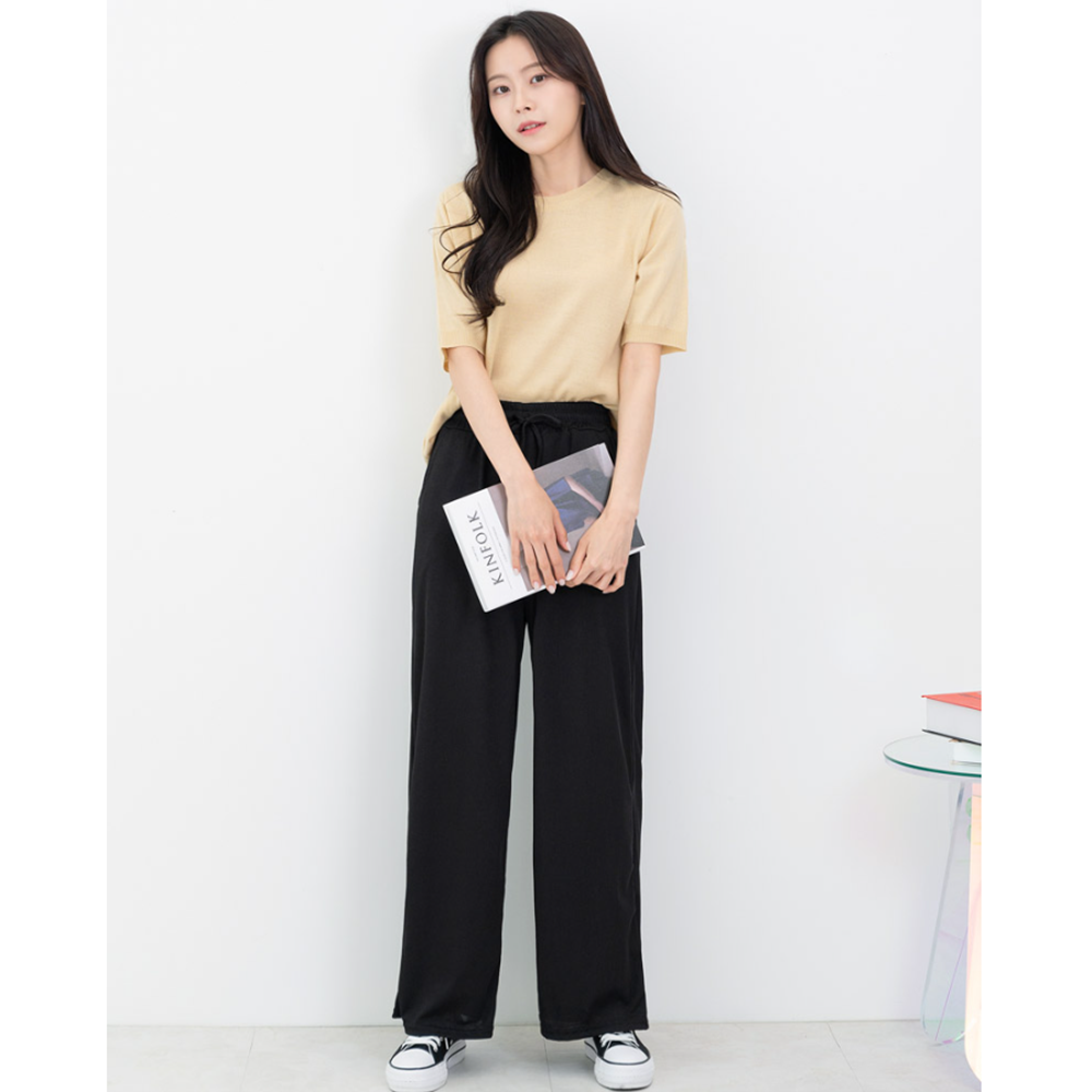 아이보리색바지 골지 쿨 와이드 고무줄 팬츠 - 상세 이미지 3