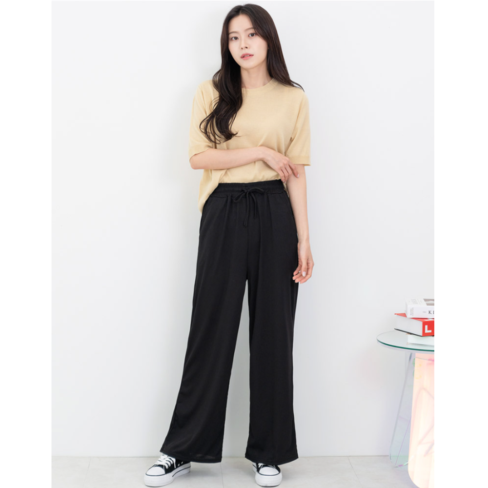 아이보리색바지 골지 쿨 와이드 고무줄 팬츠 - 상세 이미지 5