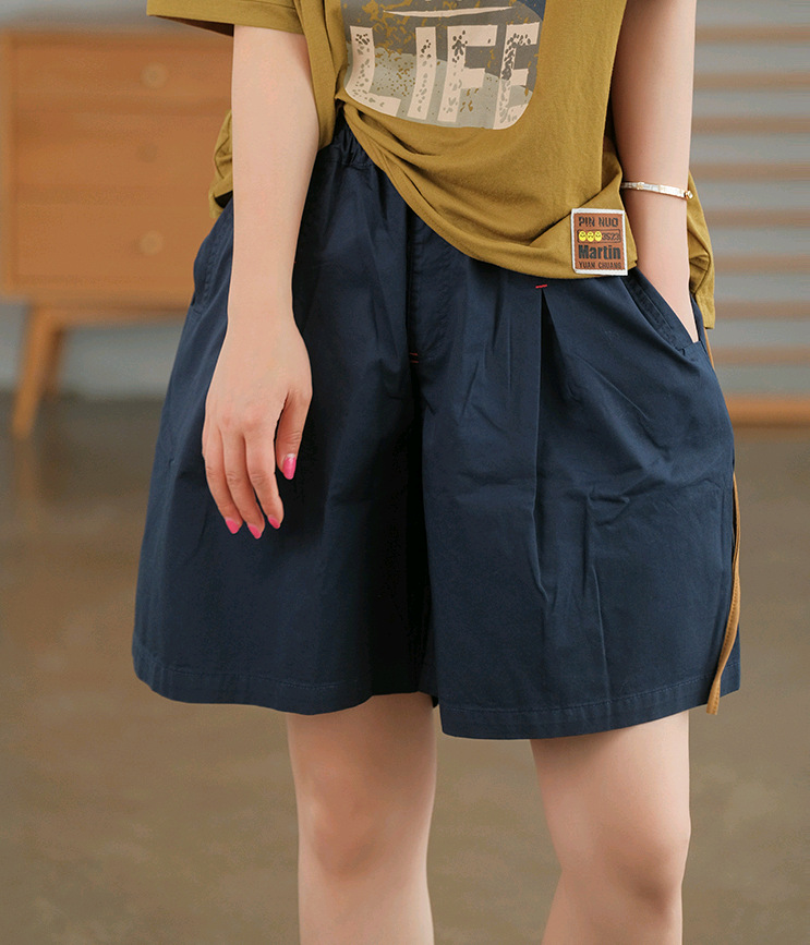 하마마스 여름 면 핀턱 와이드 반바지 - 상세 이미지 5