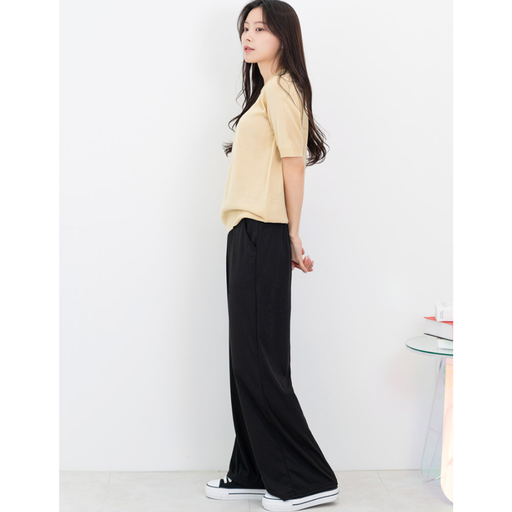 아이보리색바지 골지 쿨 와이드 고무줄 팬츠 - 상세 이미지 4
