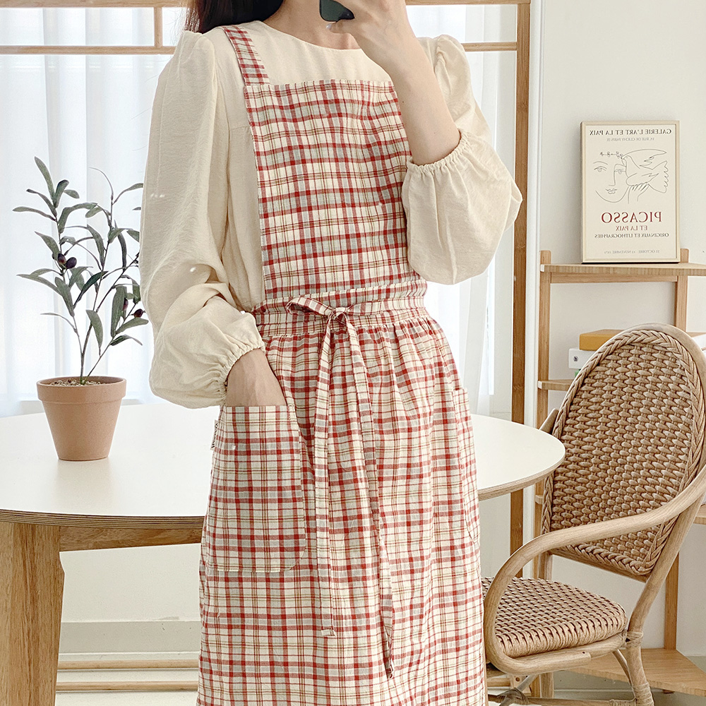 한스데이 로망체크 롱 원피스 플로리스트 카페 앞치마