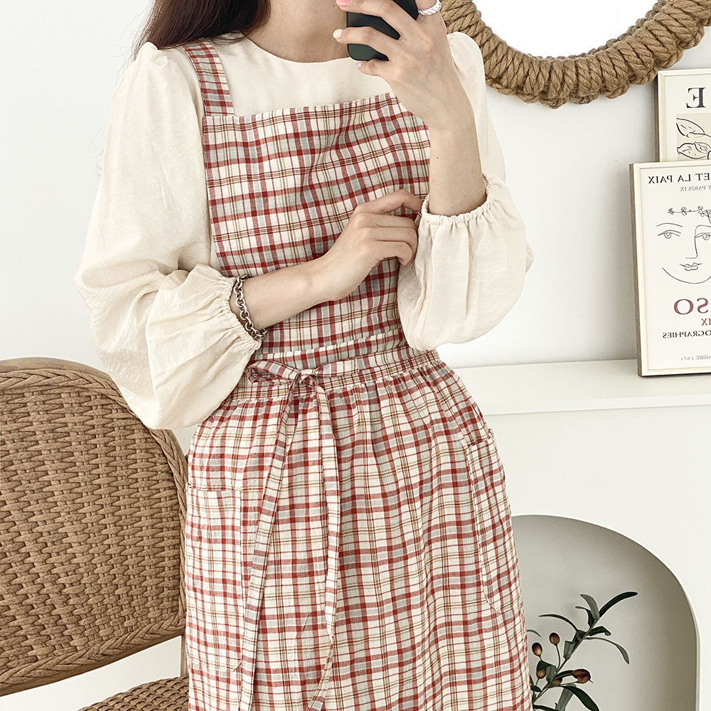 한스데이 로망체크 롱 원피스 플로리스트 카페 앞치마