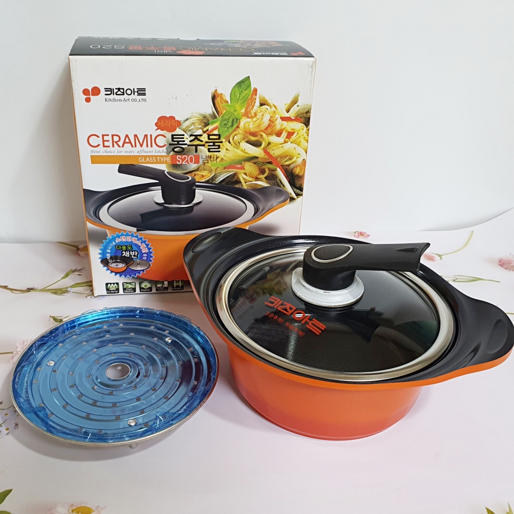 키친아트 양수 20 cm 냄비 세라믹 코팅 통주물 냄비 스텐 채반 찜기 포함