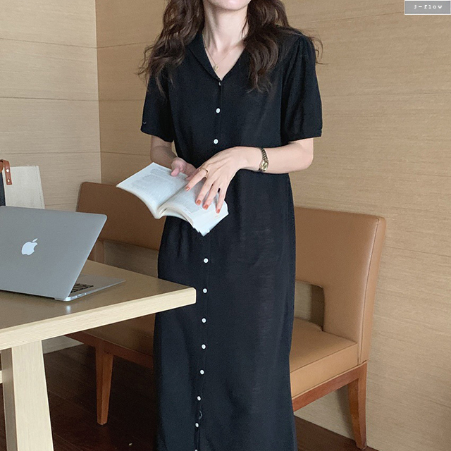 메이크 니트 둥근카라 브이넥 버튼 롱원피스 4col 여름 루즈핏 허리끈 데일리 제이플로우 이미지 2