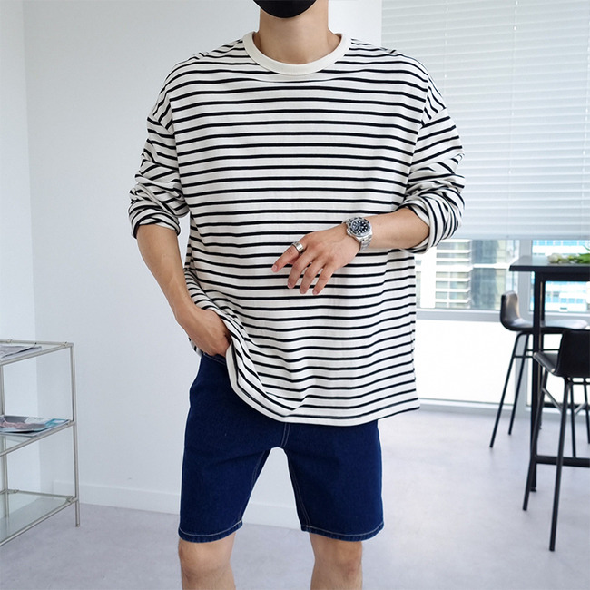 남자 오버핏 단가라 티셔츠 스트라이프 라운드 줄무늬 긴팔 블랙 아이보리 제품 이미지