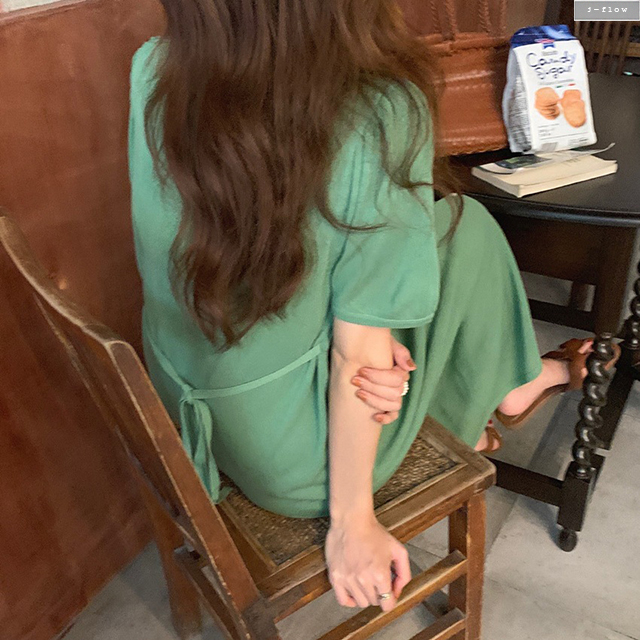 메이크 니트 둥근카라 브이넥 버튼 롱원피스 4col 여름 루즈핏 허리끈 데일리 제이플로우 이미지 4
