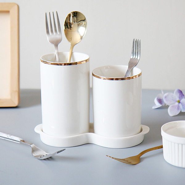 골드라인 물빠짐 좋은 도자기 수저통 2구 세라믹수저통 위생관리 제품 이미지