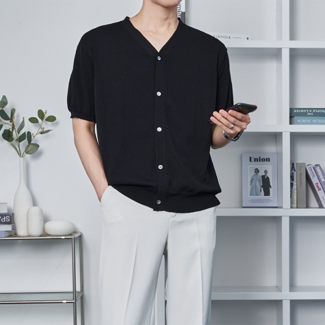 남자 여름 쿨링 린넨 슬리브 반팔 브이넥 가디건 5컬러 아이보리 브라운 블랙 제품 이미지