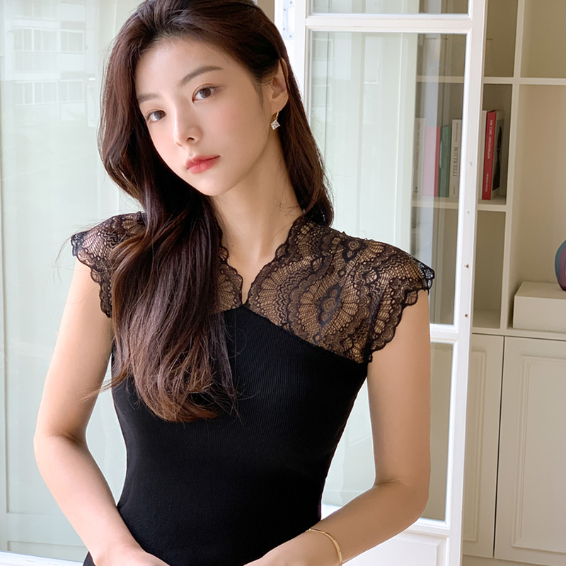 여성스러운 숄더 시스루 레이스 반팔 니트티 ts3330 - 상세 이미지 2