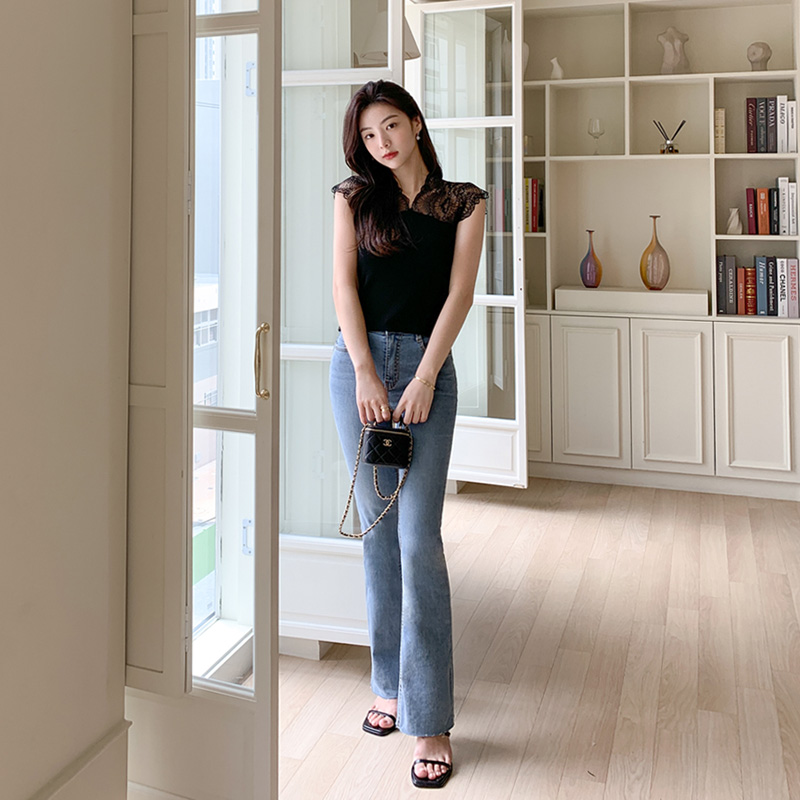 여성스러운 숄더 시스루 레이스 반팔 니트티 ts3330 - 상세 이미지 3