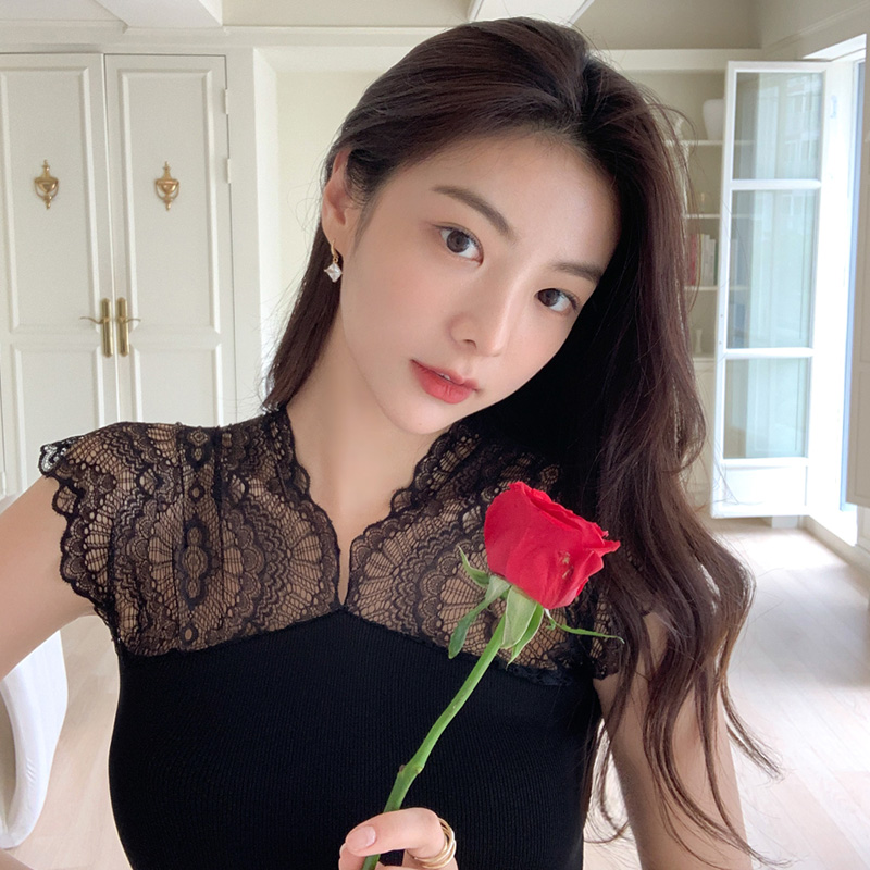 여성스러운 숄더 시스루 레이스 반팔 니트티 ts3330 - 상세 이미지 5