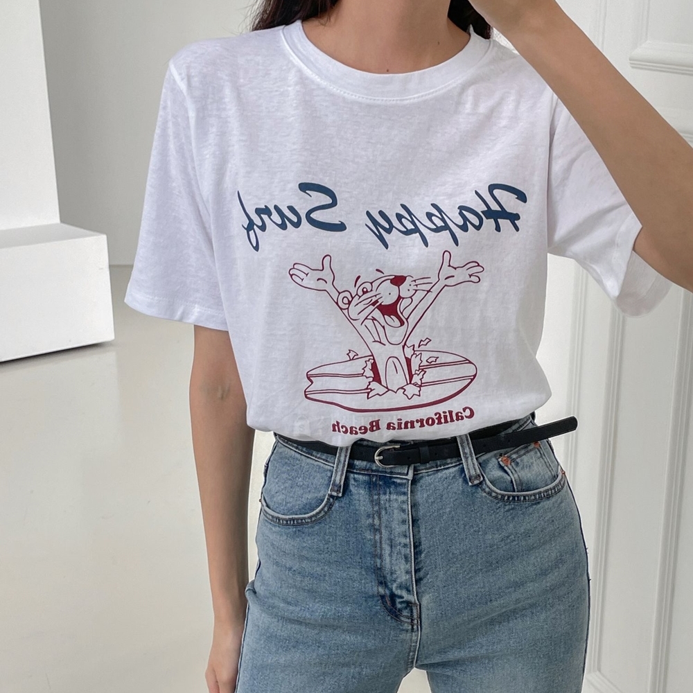여성반팔티 흰티 캐릭터 프린팅 면 반팔 티셔츠 - 상품 이미지
