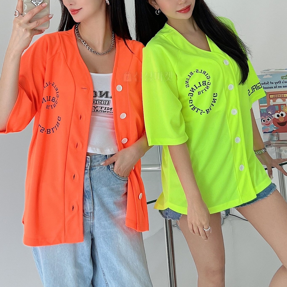 형광 네온 레터링 오버핏 야구 반팔 져지 힙합댄스 운동복 반팔 점퍼 아우터 이미지 3