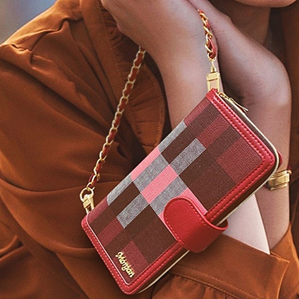 미나 체크 지퍼형 다이어리 스트랩 카드수납 지갑 케이스 레드, 갤럭시A9프로