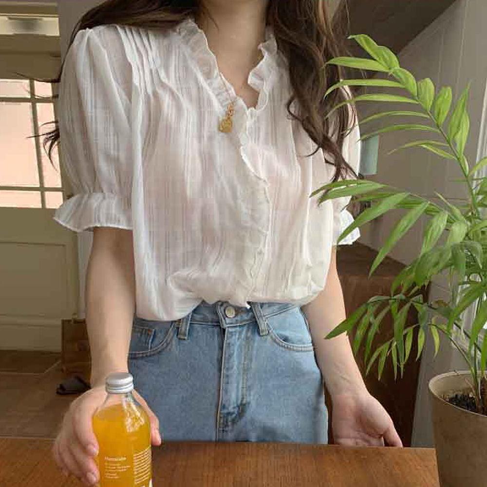 여자 여름 블라우스 얇은 반팔 프릴 시원한 티셔츠 - 상세 이미지 4