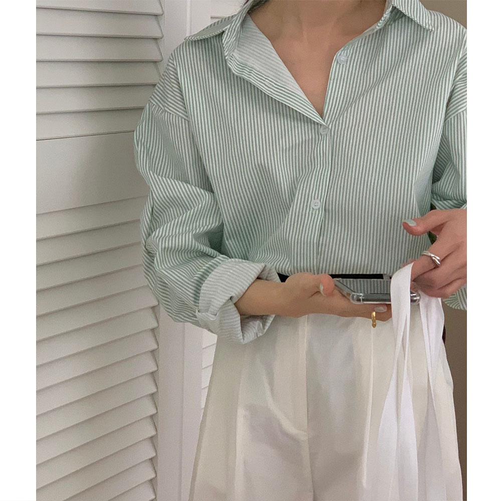 오버무드 여성 가을 신상 와이드카라 베이직 줄무늬 루즈핏 롤업 컬러 스트라이프 남방 셔츠 4color