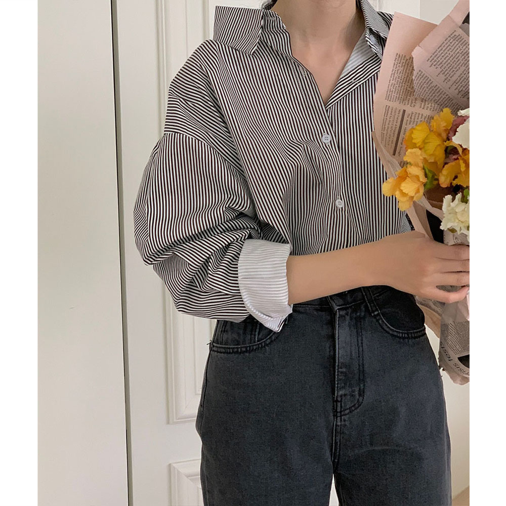 오버무드 여성 가을 신상 와이드카라 베이직 줄무늬 루즈핏 롤업 컬러 스트라이프 남방 셔츠 4color - 상세 이미지 2