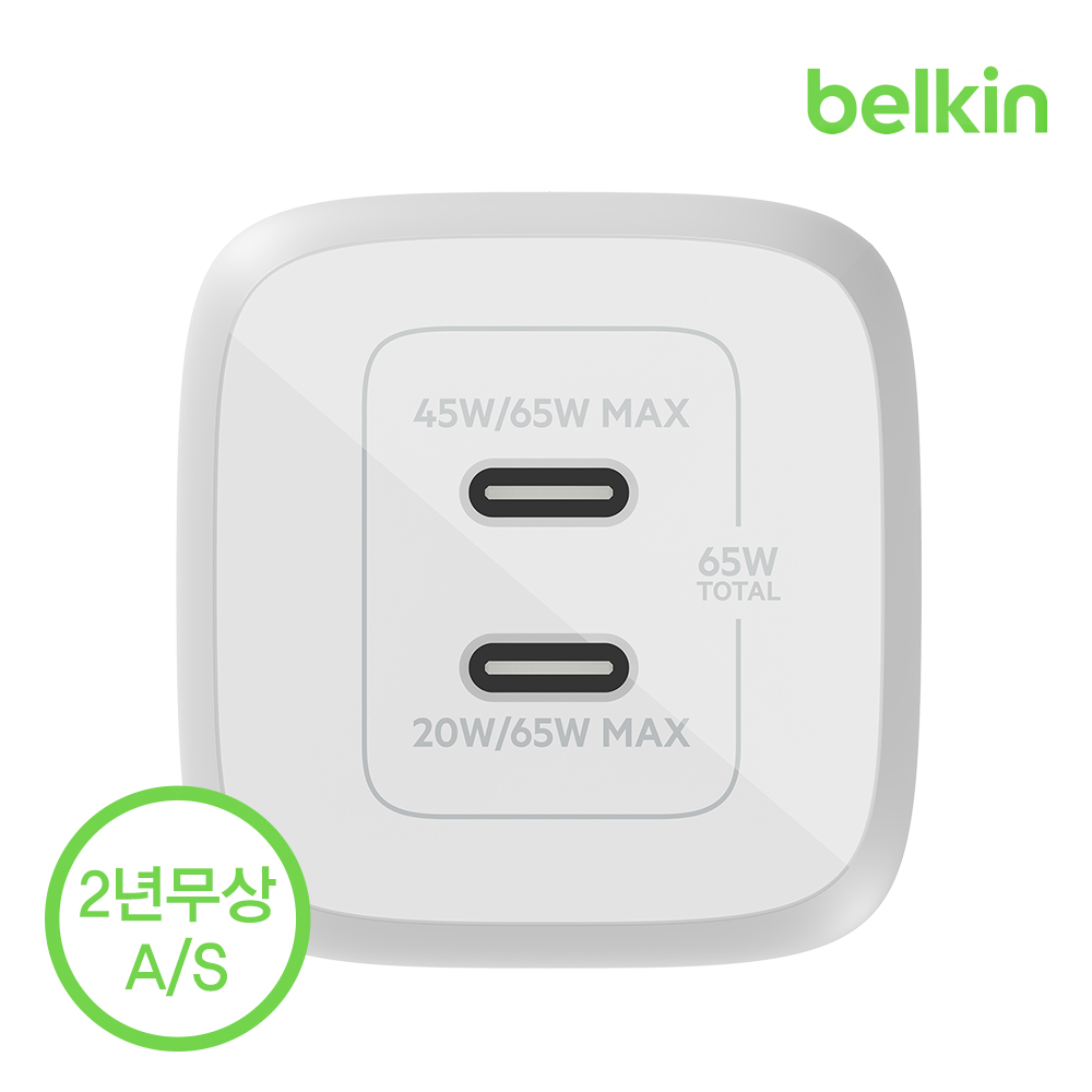 벨킨 65W 듀얼 C타입 PD 3.0 PPS GaN 고속 충전기 WCH013kr 아이폰17 16 15 14 13 12 갤럭시 S25 S24 맥북 에어 M4 아이패드 노트북 호환