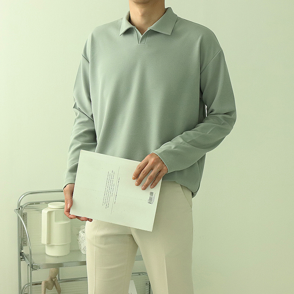 남자카라티 구김없는 오버핏 헨리넥 남자긴팔티 이미지 2