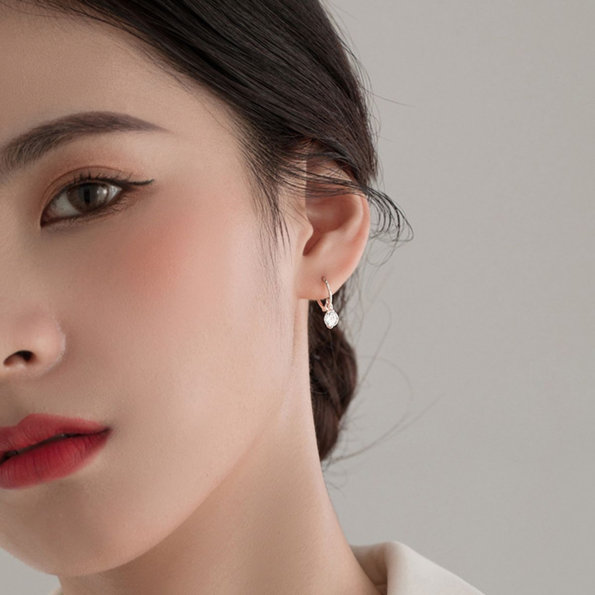 원터치 실버 링 드롭 큐빅 귀걸이 N211 이미지 2
