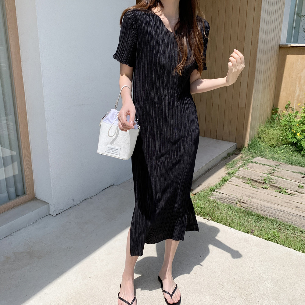 루즈핏 냉장고 반팔 플리츠원피스 주름 브이넥 맥시 여름 원피스 여성 롱원피스 블랙 데일리룩
