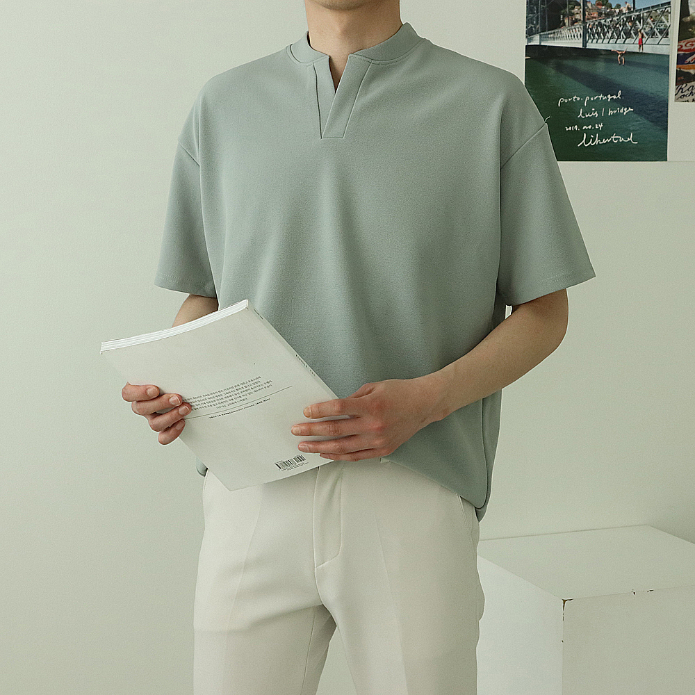 1+1 남자반팔티 오버핏 무지 헨리넥 티셔츠 - 상품 이미지