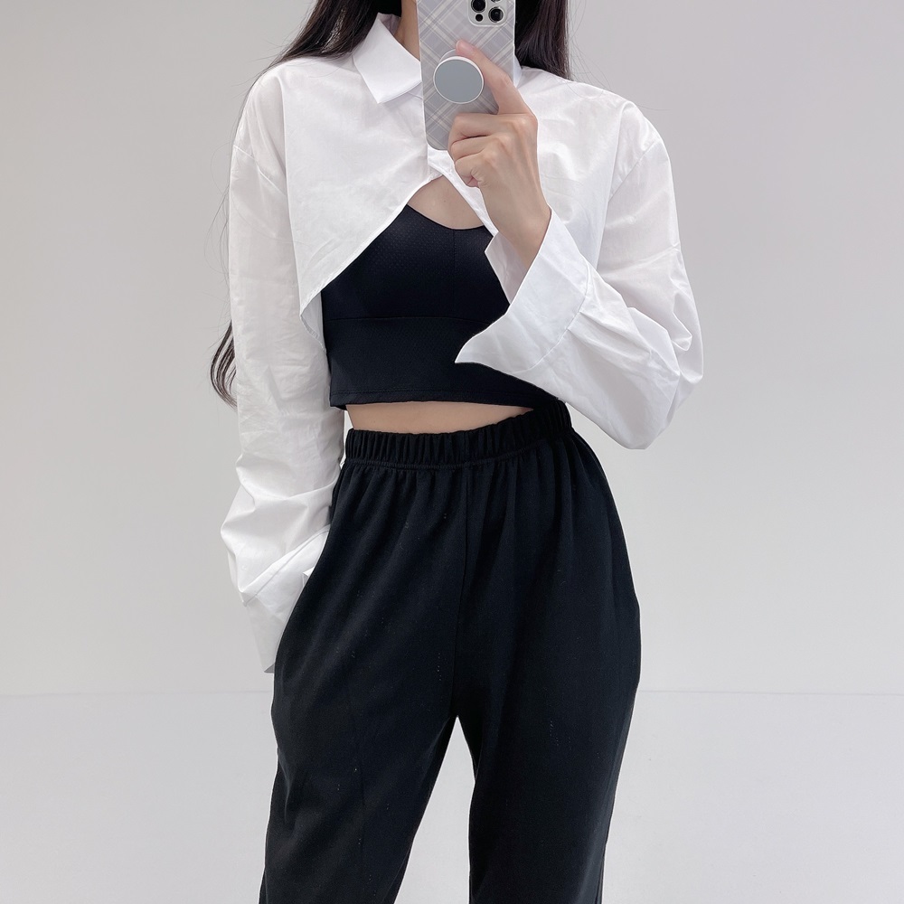 로라벨 톨 크롭 셔츠 와이셔츠 숏 남방 언더붑 여성 여자 긴팔 빅사이즈 블라우스 볼레로 - 상세 이미지 3