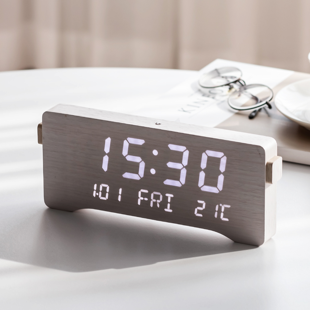 플라이토 우드 LED 알람 디지털 전자 탁상시계 무소음 인테리어 온도 날짜 캘린더 타원