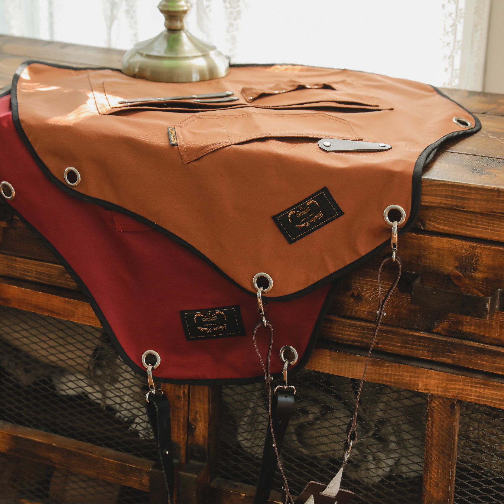 칸데오레더  레인져 시엔나브라운 공방 미용실 카페 미용사 바리스타 앞치마 제작 가죽 방수앞치마