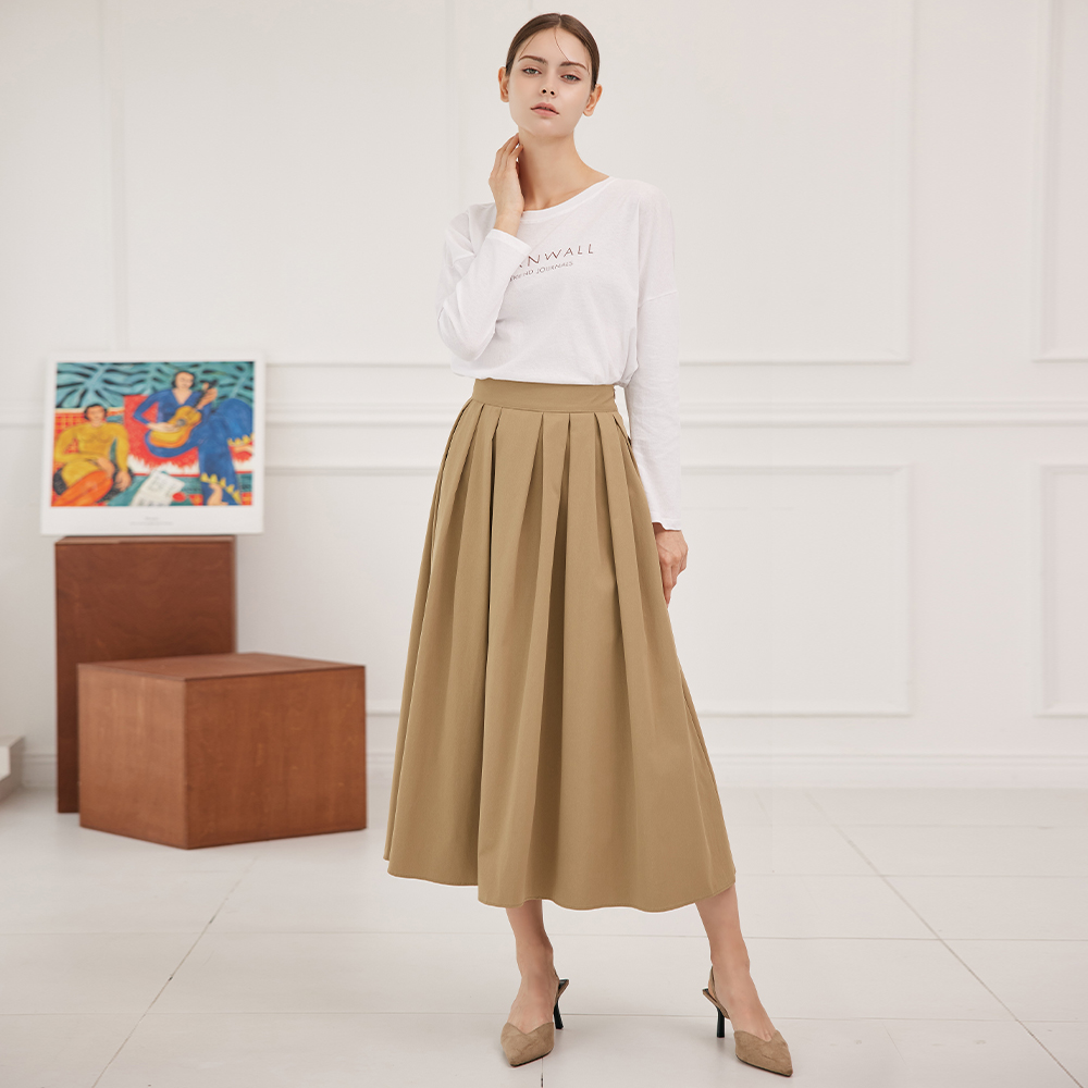 [한정수량] 예시카 플리츠 백 밴딩 홀 플레어 롱 스커트 YG7SK533