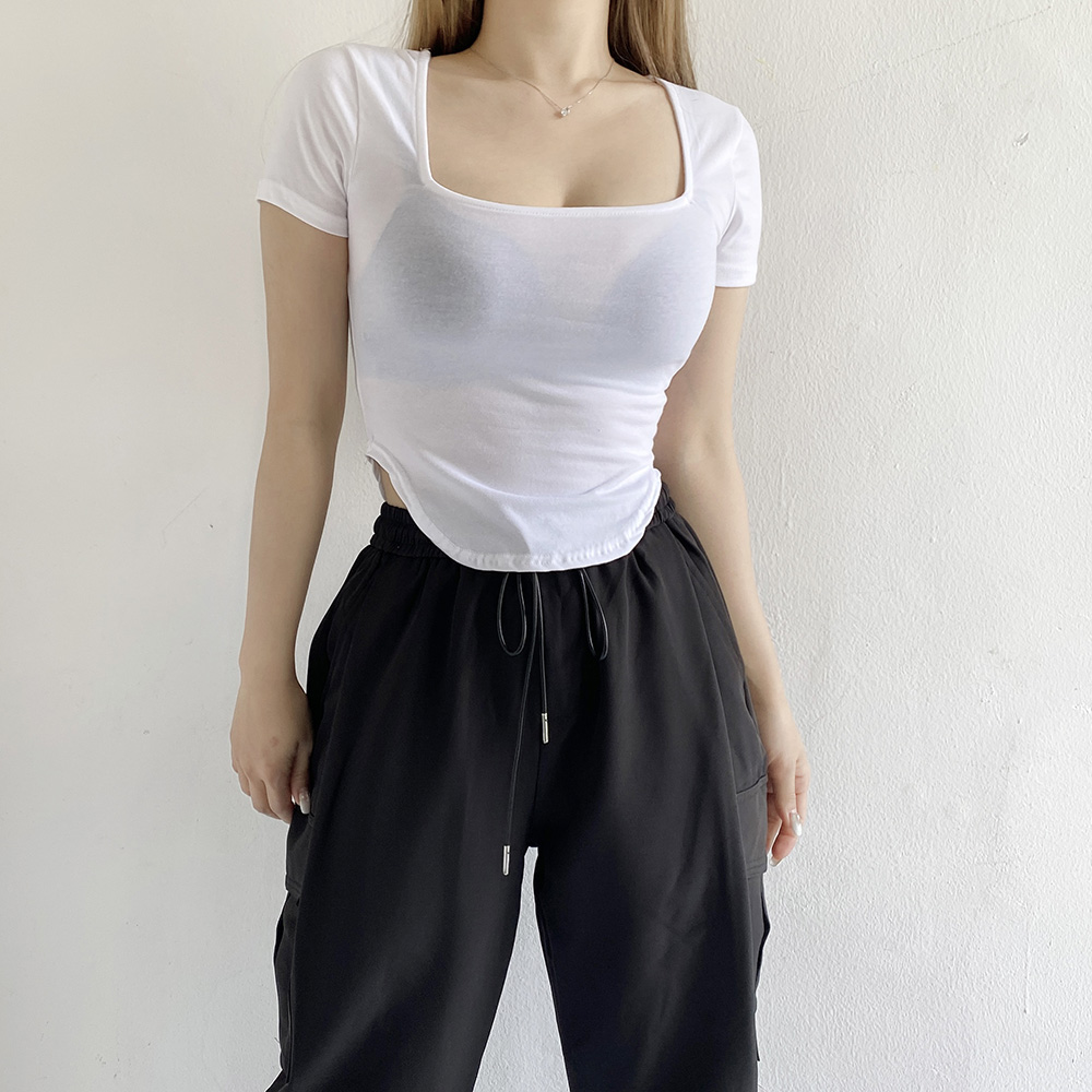 타리 스퀘어넥 허리 굴림 언발 트임 반팔 크롭티셔츠 4color 이미지 4