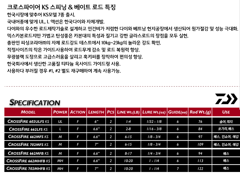 다이와 크로스파이어 KS 루어대 쭈꾸미 광어 풀치 바다 루어 낚시대 562ULFS - 상세 이미지 3
