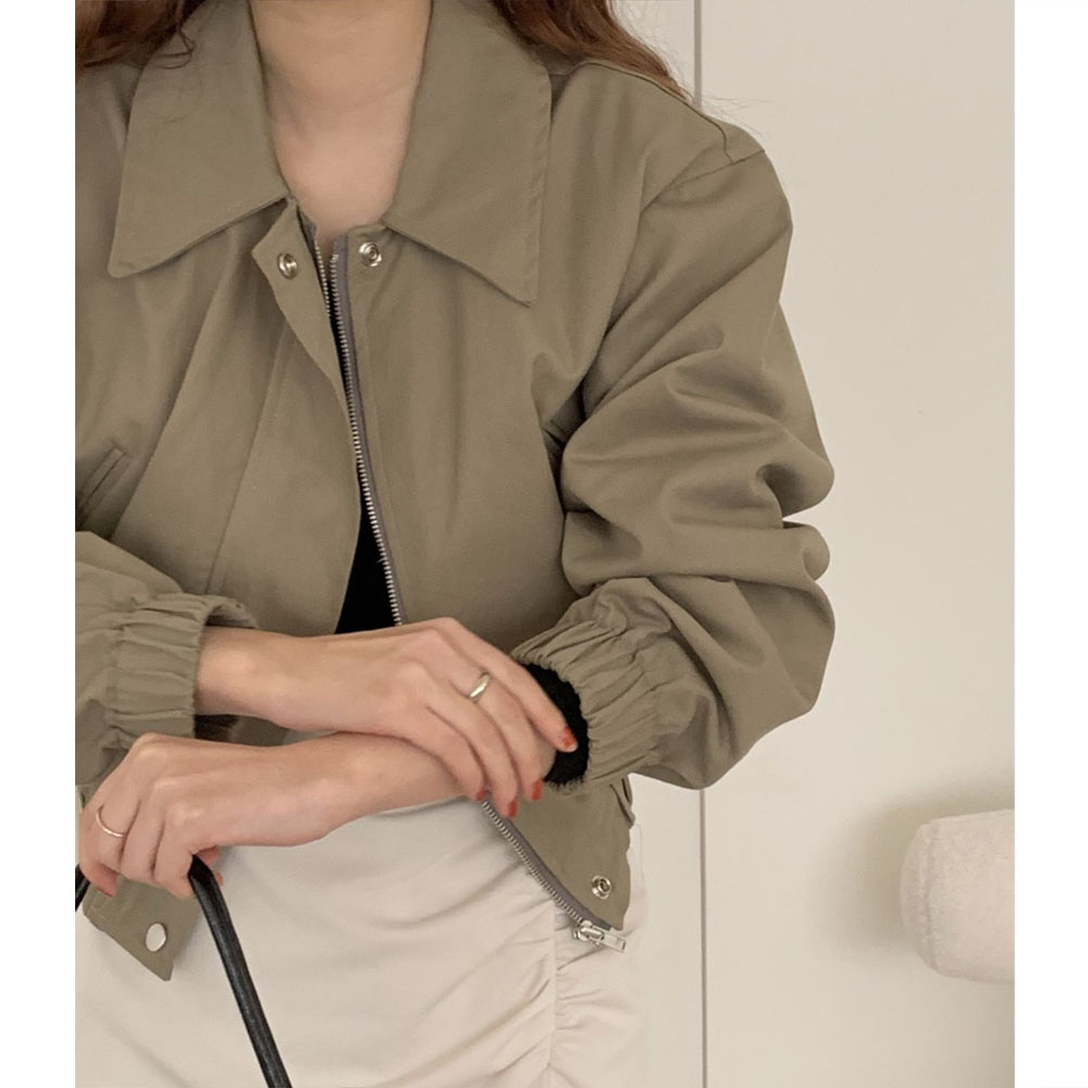 오버무드 여성 가을 신상 루즈핏 와이드 카라 밴딩 항공 숏 야상 점퍼 3color - 상세 이미지 3