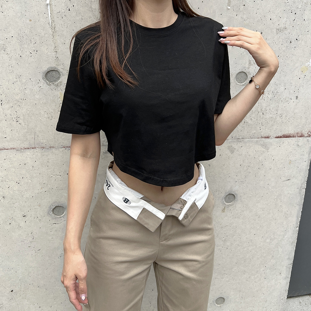 무지 캔지 루즈핏 오버핏 허리 굴림 반팔 크롭티셔츠 3color 이미지 3