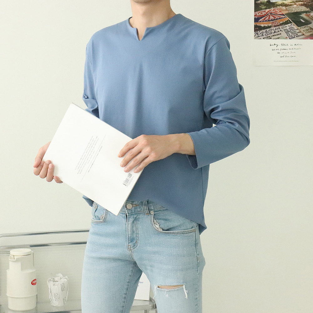 남자 긴팔티 구김없는 분또 브이넥 티셔츠 - 상세 이미지 5