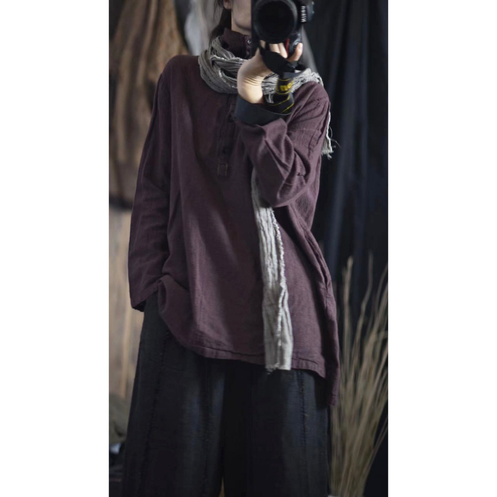 하마마스 봄 가을 하이넥 폴라넥 스트라이프 린넨블라우스 루즈핏