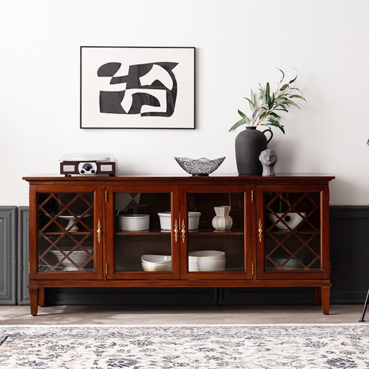 낮은 엔틱 장식장 원목 거실 장식장 빈티지 클래식 유리 진열장