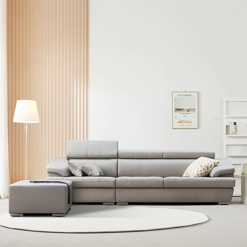 동서가구 플렉스 천연소가죽 4인소파 + 스툴포함, 라이트그레이