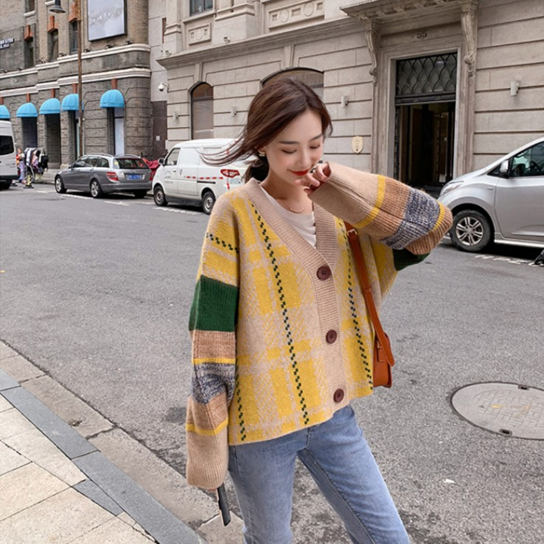러블리 브이넥 오버핏 배색 가디건 여성 간절기 울 로브 숄 니트집업 앙고라 데일리 숏 카디건 이미지 2