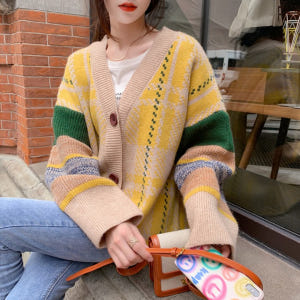 러블리 브이넥 오버핏 배색 가디건 여성 간절기 울 로브 숄 니트집업 앙고... 착용 후기 | 사이즈/핏 총정리 - 상품 이미지 1