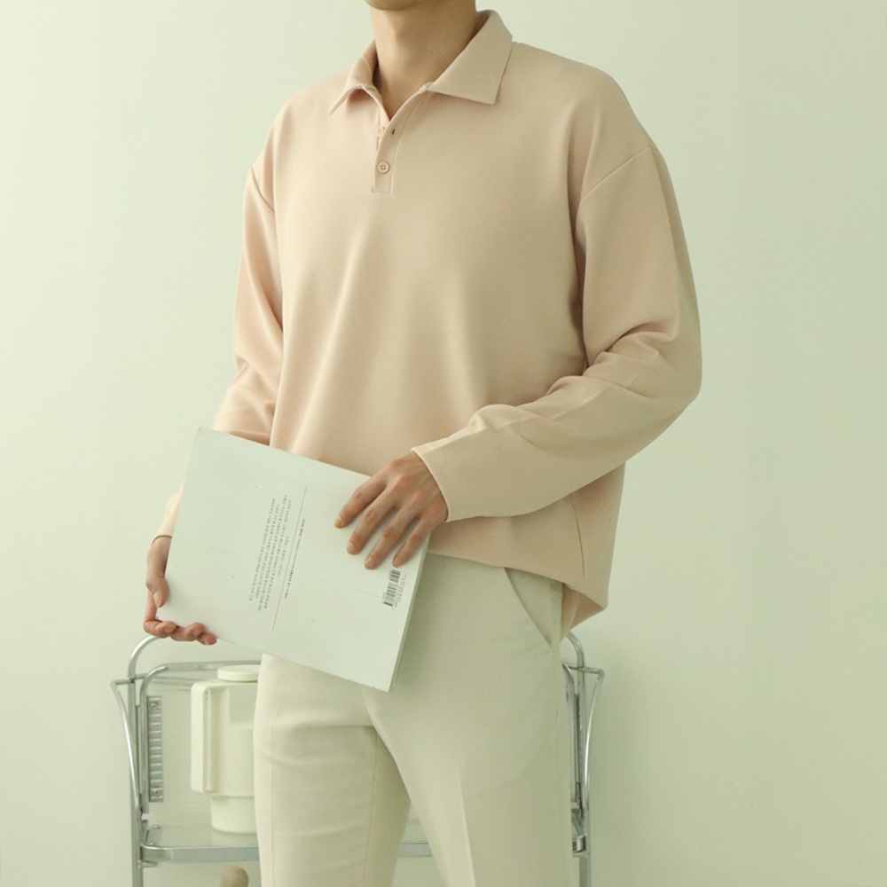 남자 구김없는 헨리넥 카라 단추 긴팔티셔츠 - 상품 이미지