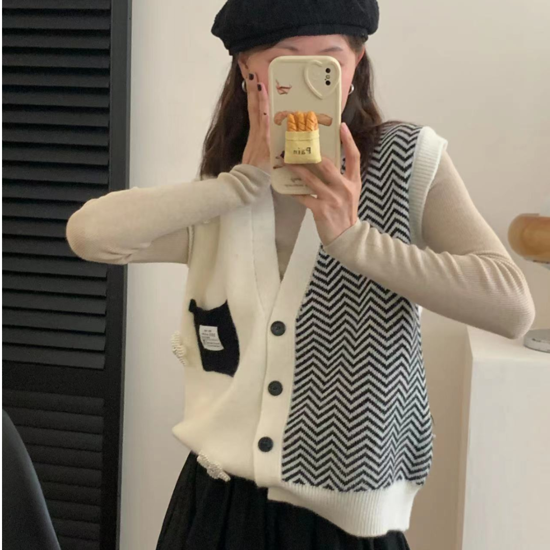 고퀄 레이어드 헤링본 꽃 뜨개 베스트조끼 패치 포켓 하프 니트조끼 브이넥 뷔스티에 탑 이미지 2