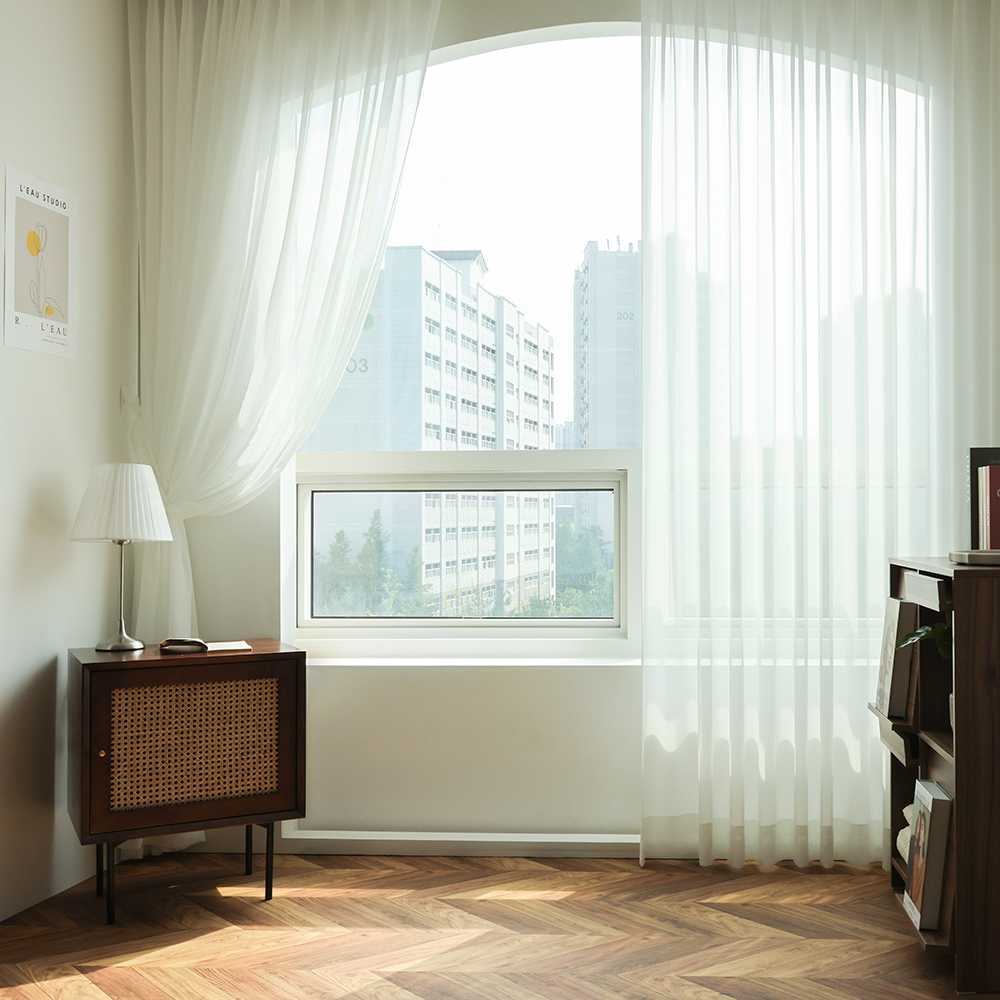 소르르 비침없는 하늘하늘 화이트 이음선없는 나비주름 호텔식 쉬폰커튼 맞춤제작 120x265